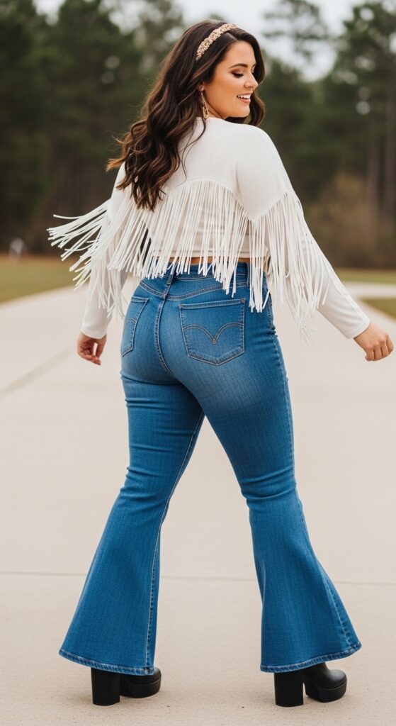 Fringe Top and Bell-Bottom Jeans