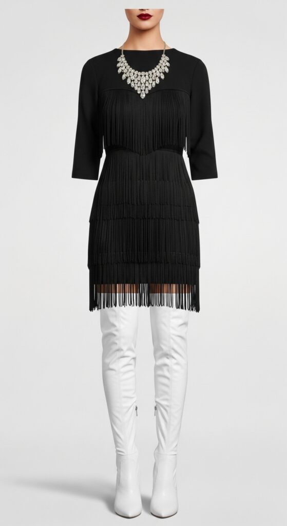 Fringed Black Dress & Thigh-High White Boots