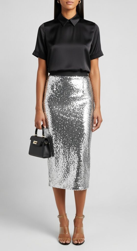 18 Stunning Sequin Skirt Outfits for U.S. Women in 2025 19 Gallery Opening Chic Black Satin Blouse & Silver Sequin Pencil