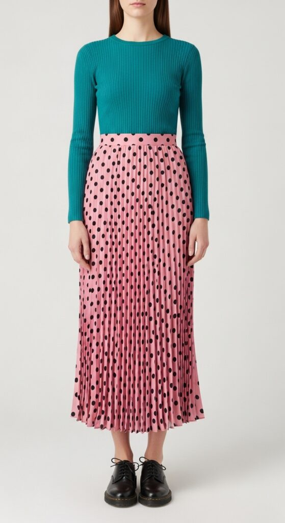 28 Pleated Skirt Outfits to Nail Effortless Chic 23 Garden Party Teal Ribbed Top & Pink Polka Dot Maxi