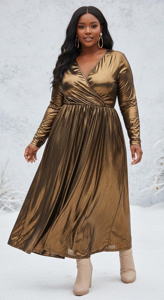 Gold Maxi Dress and Boots for Evening Dinners