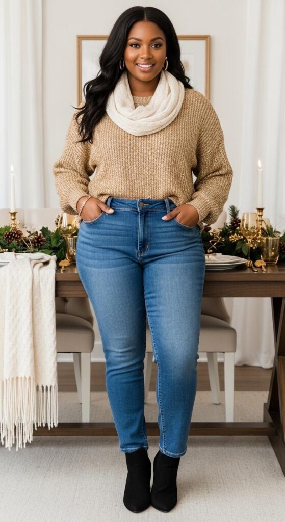 Gold Sweater and Jeans for Family Gatherings