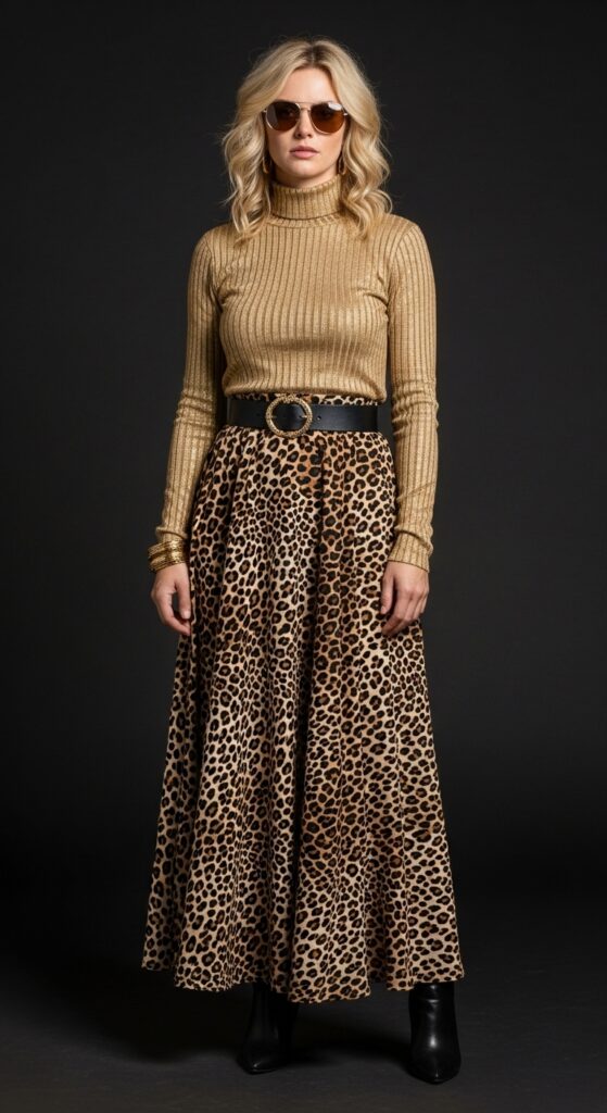What to Wear to a Journey Concert: 18 Fashionable Outfit Ideas for the Ultimate Concert Experience 8 Gold Top and Animal Print Skirt