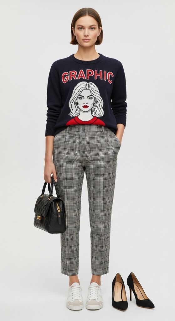 20 Cozy and Chic Sweater Outfit Ideas You’ll Want to Wear All Season Long 8 Graphic Sweater with Plaid Pants