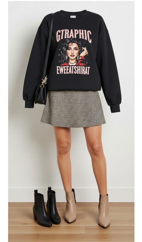 18 Stylish Sweatshirt Outfits to Elevate Your Everyday Look 4 Graphic Sweatshirt and Mini Skirt