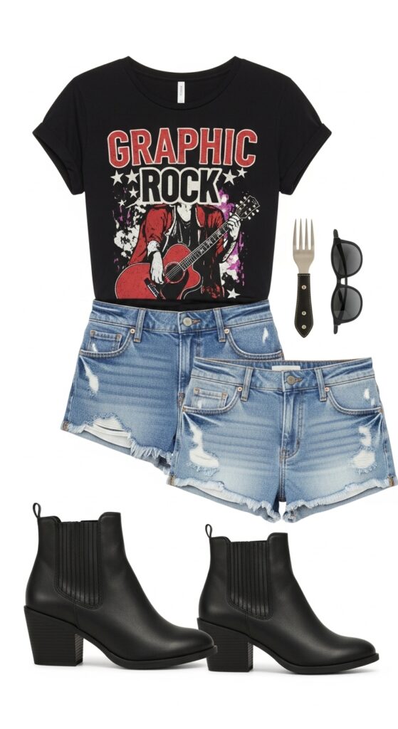 21 Stylish Denim Shorts Outfit Ideas 7 Graphic Tee and Ankle Boots