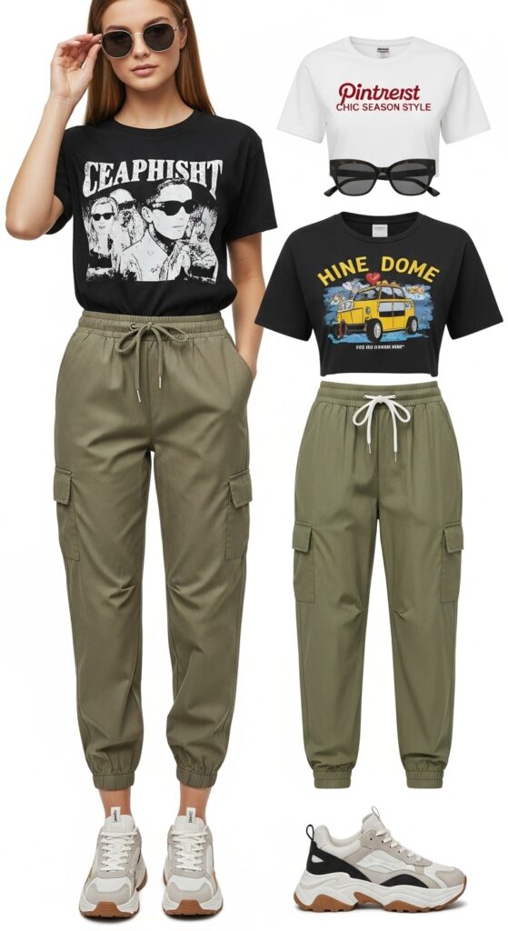 9 Cool Parachute Pants Outfits for Effortless Style with Chic Season Style 3 Graphic Tee and Chunky Sneakers