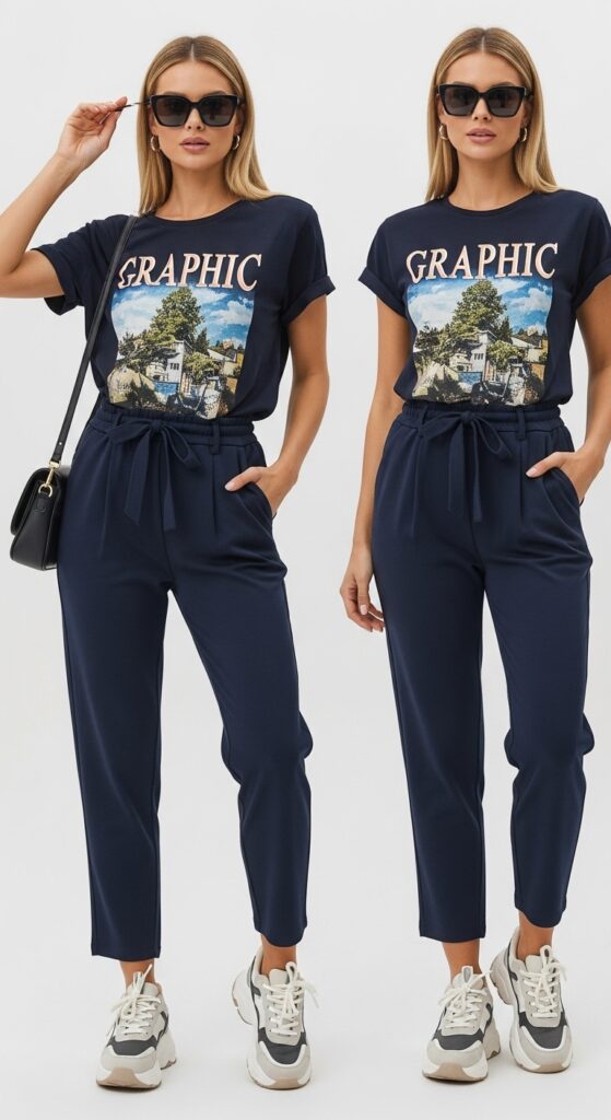 15 Stylish Navy Pants Outfits for Effortless Elegance 6 Graphic Tee and Chunky Sneakers