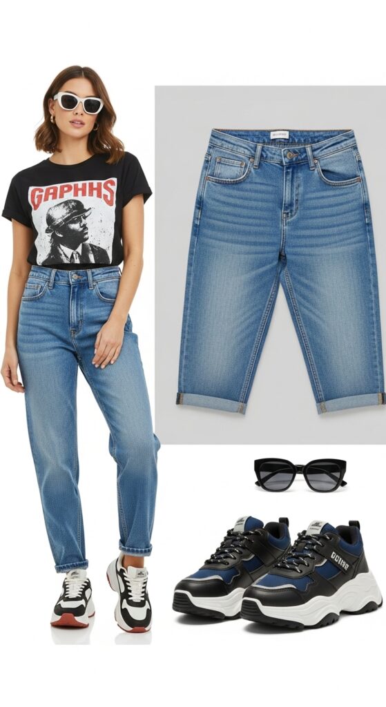 14 Trendy Boyfriend Jeans Outfits for Pinterest-Perfect Style 5 Graphic Tee and Chunky Sneakers