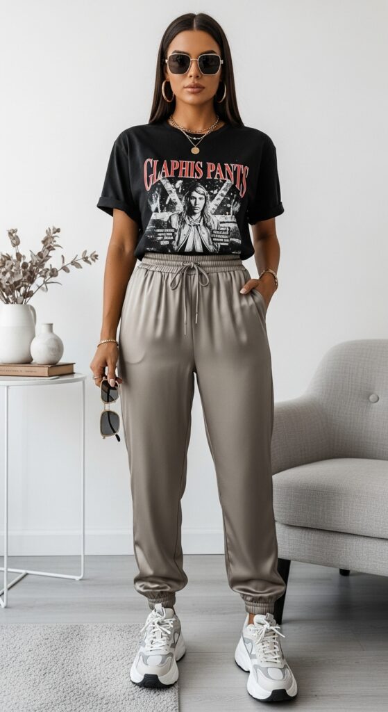 12 Glamorous Satin Pants Outfits for Timeless Style with Chic Season Style 6 Graphic Tee and Chunky Sneakers