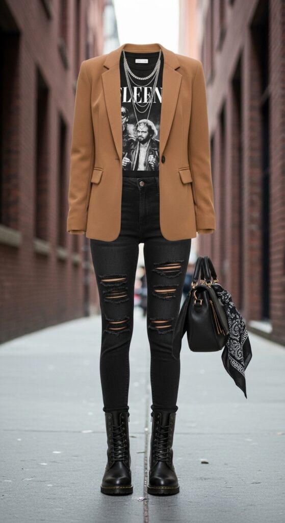 10 Chic Camel Blazer Outfits to Transform Your Wardrobe with Chic Season Style 8 Graphic Tee and Combat Boots for Street Style