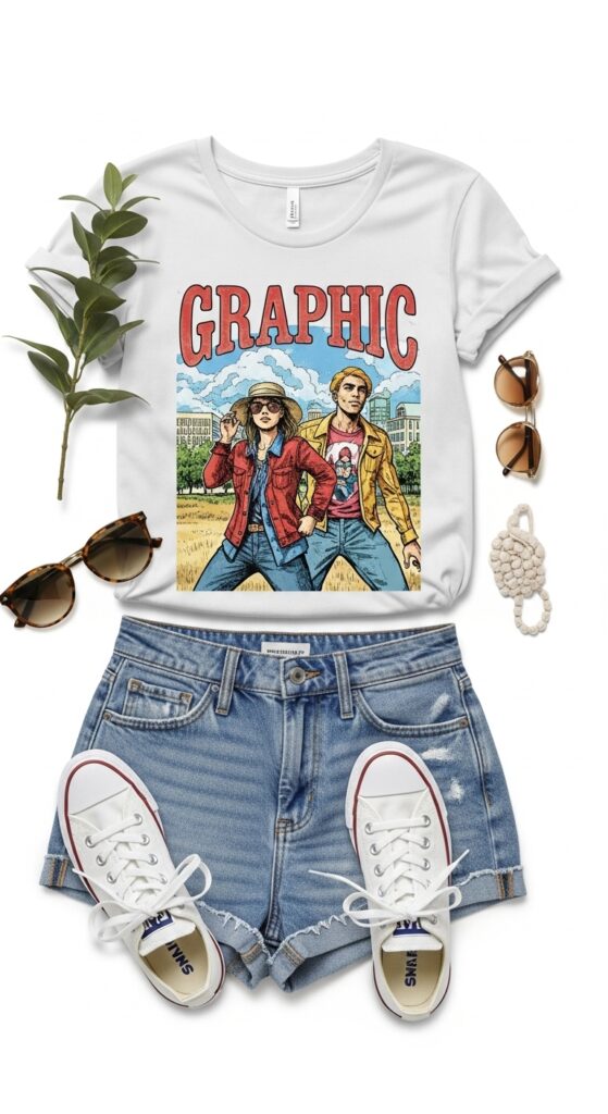 24 Trendy Converse Sneaker Outfits for Every Vibe 6 Graphic Tee and Denim Shorts