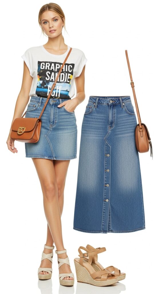 Graphic Tee and Denim Skirt