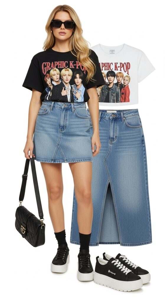Graphic Tee and Denim Skirt