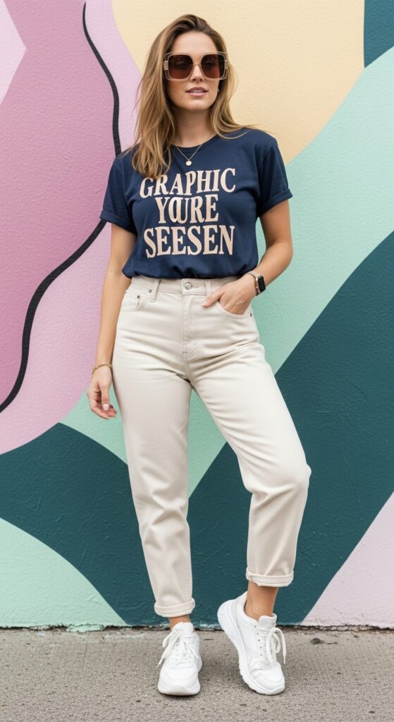 10 Chic Cream Jeans Outfits to Inspire Your Wardrobe with Chic Season Style 6 Graphic Tee and Sneakers for Casual Days