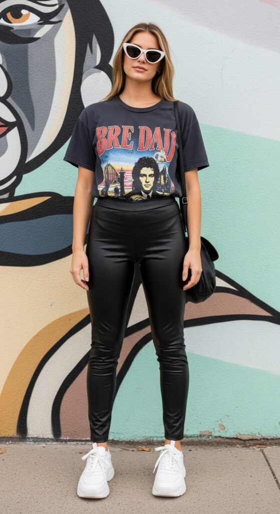 9 Edgy Faux Leather Leggings Outfits for Every Moment with Chic Season Style 5 Graphic Tee and Sneakers for Casual Vibes