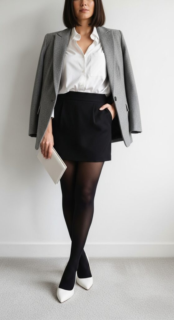 16 Chic Outfits with Tights: Elevate Your Cold-Weather Style 7 Gray Blazer and Pointed-Toe Heels