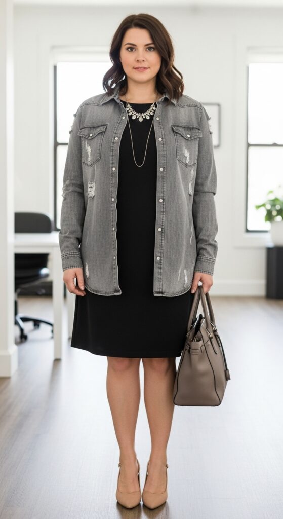 12 Plus Size Grunge Outfits for Winter with Chic Season Style 13 Gray Distressed Denim Shirt and Dress for Office Style