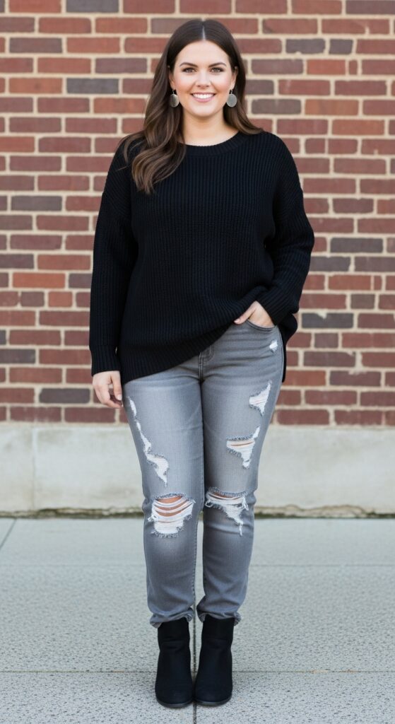12 Plus Size Grunge Outfits for Winter with Chic Season Style 4 Gray Distressed Jeans and Sweater for Casual Days