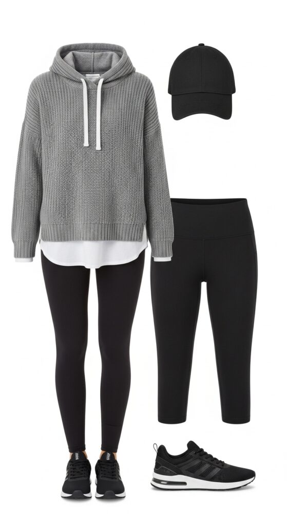 22 Chic Knitted Sweater Outfit Ideas You Need to Try 7 Gray Sweater + Black Leggings + Baseball Cap