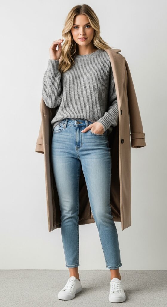 22 Chic Knitted Sweater Outfit Ideas You Need to Try 4 Gray Sweater + Light-Wash Jeans