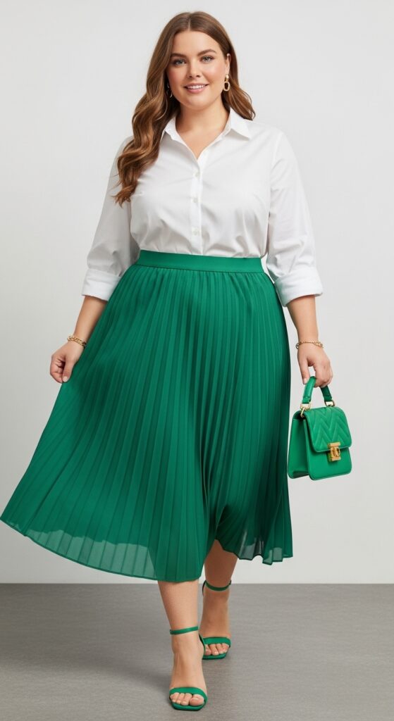 12 Chic Plus-Size St. Patrick’s Day Outfits You’ll Love 5 Green Pleated Skirt and White Button-Up Shirt Classic Elegance