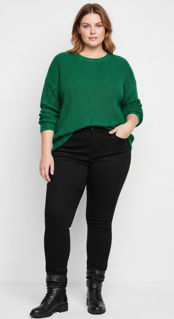 12 Chic Plus-Size St. Patrick’s Day Outfits You’ll Love 7 Green Sweater and Black Skinny Jeans Casual Chic