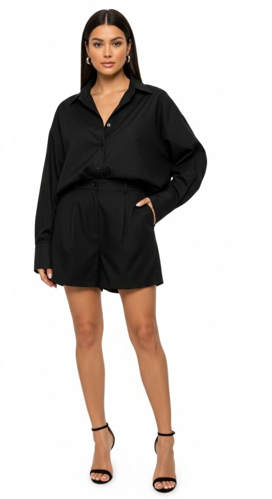 London Outfit Guide: 31 Chic Looks for U.S. Women in 2025 29 Hackney Night Black Button-Up Set & Shorts