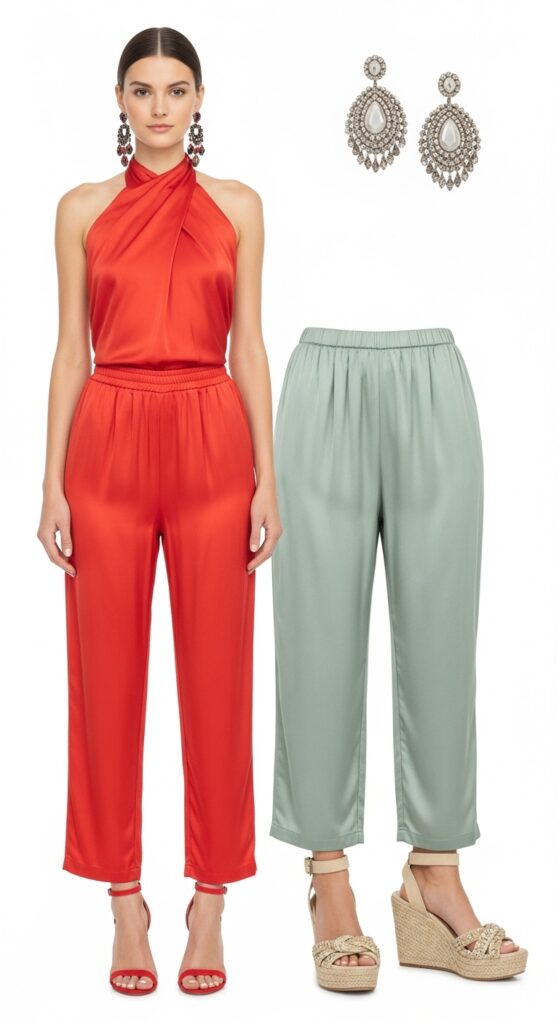 12 Glamorous Satin Pants Outfits for Timeless Style with Chic Season Style 10 Halter Top and Wedge Sandals