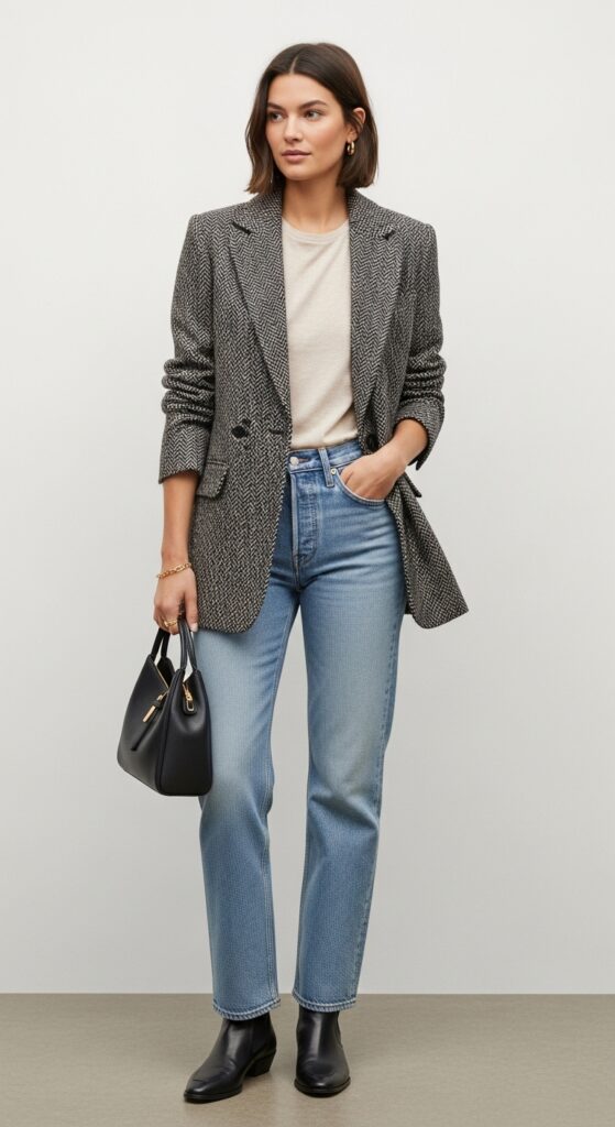 Herringbone Blazer and Straight-Leg Jeans