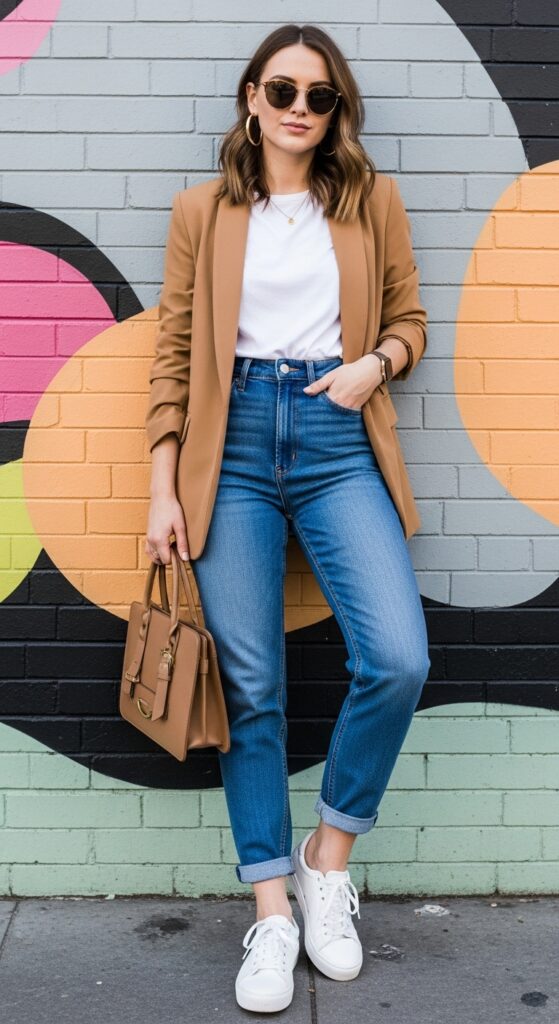 10 Chic Camel Blazer Outfits to Transform Your Wardrobe with Chic Season Style 4 High-Waisted Jeans and Sneakers for Casual Chic