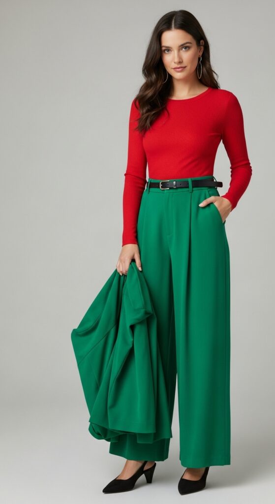 20 Green Pants Outfits to Elevate Your Style 21 Holiday Party Red Top & Green Wide-Leg Trousers