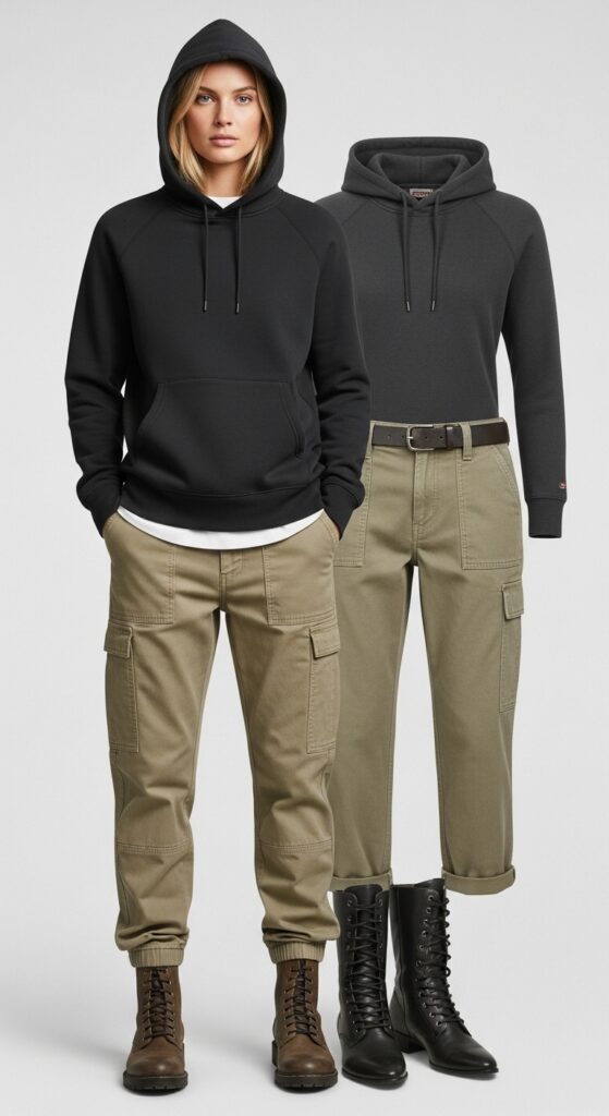 18 Stylish Sweatshirt Outfits to Elevate Your Everyday Look 20 Hooded Sweatshirt and Utility Pants