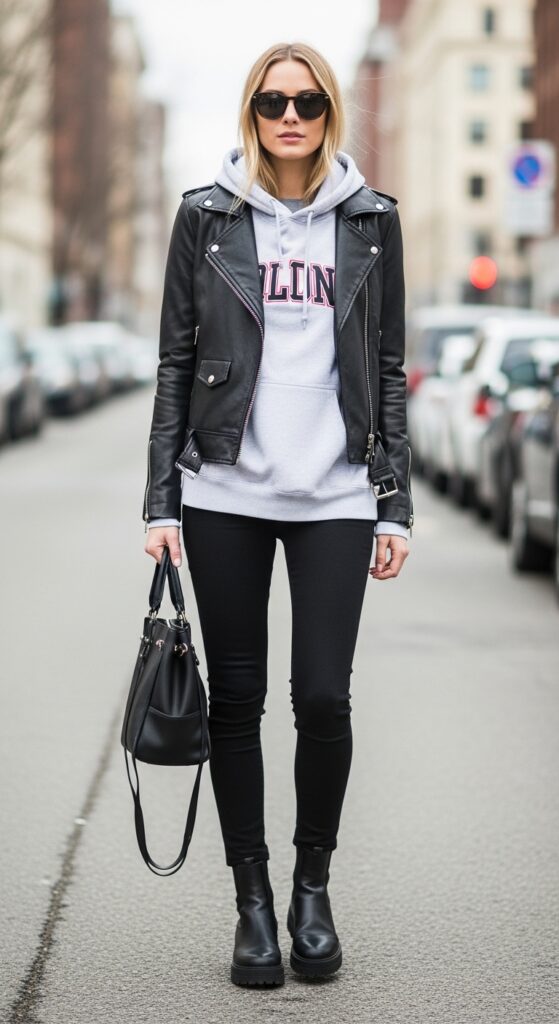 18 Stylish Sweatshirt Outfits to Elevate Your Everyday Look 5 Hoodie Under Leather Jacket