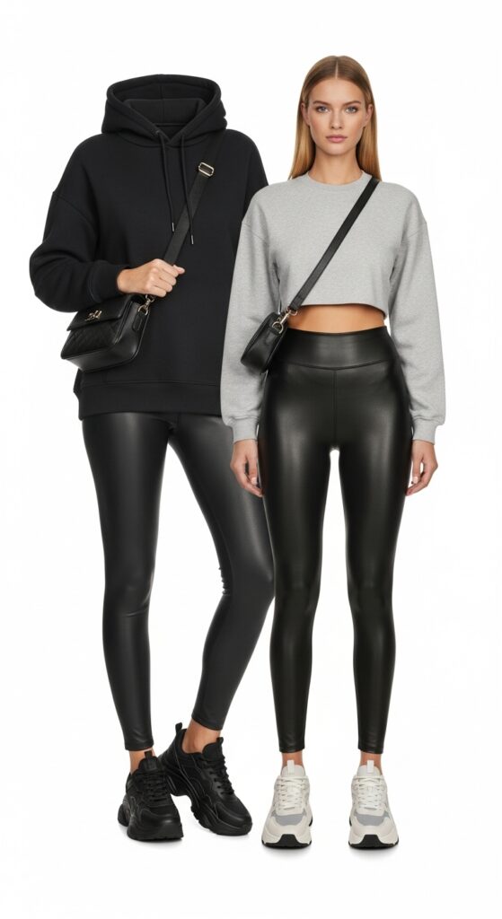 20 Bold Chunky Sneaker Outfits for a Standout Look 8 Hoodie and Leather Leggings