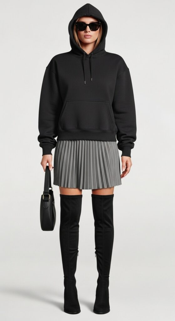 16 Trendy Knee-High Boot Outfits to Shine in Any Setting 16 Hoodie and Pleated Skirt