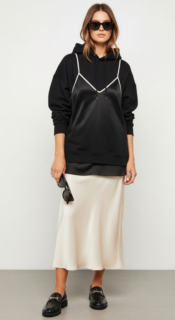 23 Stylish Loafer Outfits for Effortless Elegance 22 Hoodie and Slip Skirt