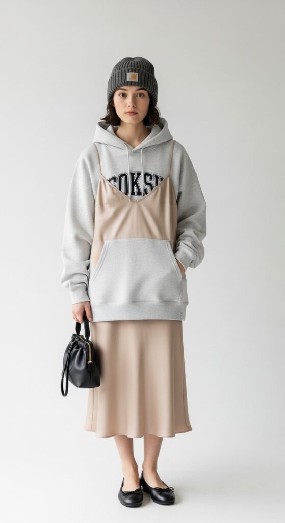 21 Feminine Ballet Flat Outfits for Classic and Modern Looks 20 Hoodie and Slip Skirt