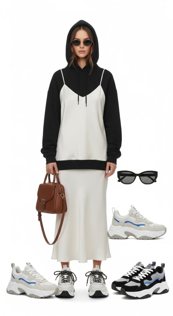20 Bold Chunky Sneaker Outfits for a Standout Look 21 Hoodie and Slip Skirt