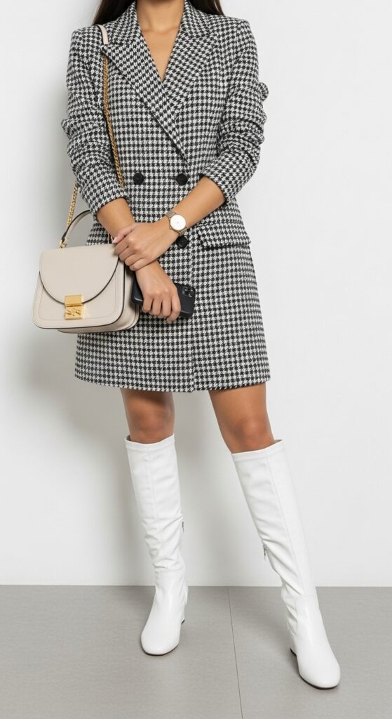 Houndstooth Blazer Dress & Knee-High White Boots