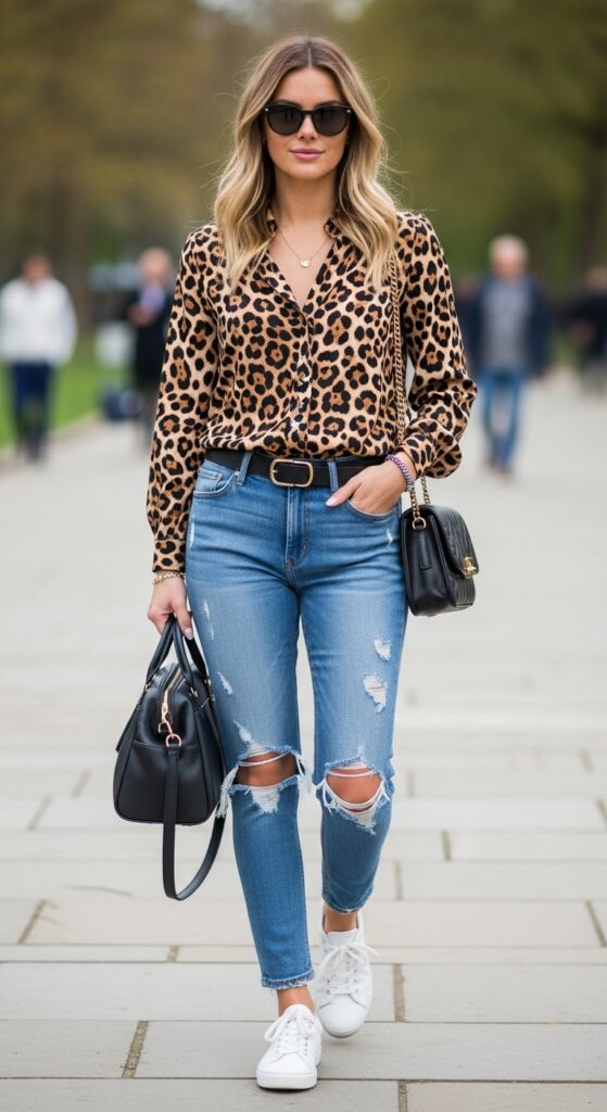 London Outfit Guide: 31 Chic Looks for U.S. Women in 2025 5 Hyde Park Vibe Leopard Print Blouse & Jeans