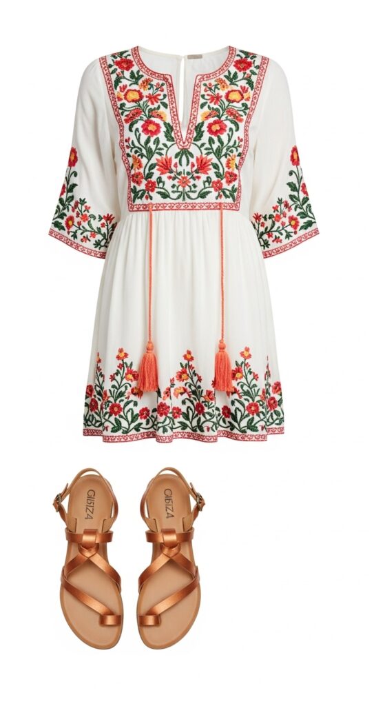 Ibiza Boho White Embroidered Dress & Sandals
