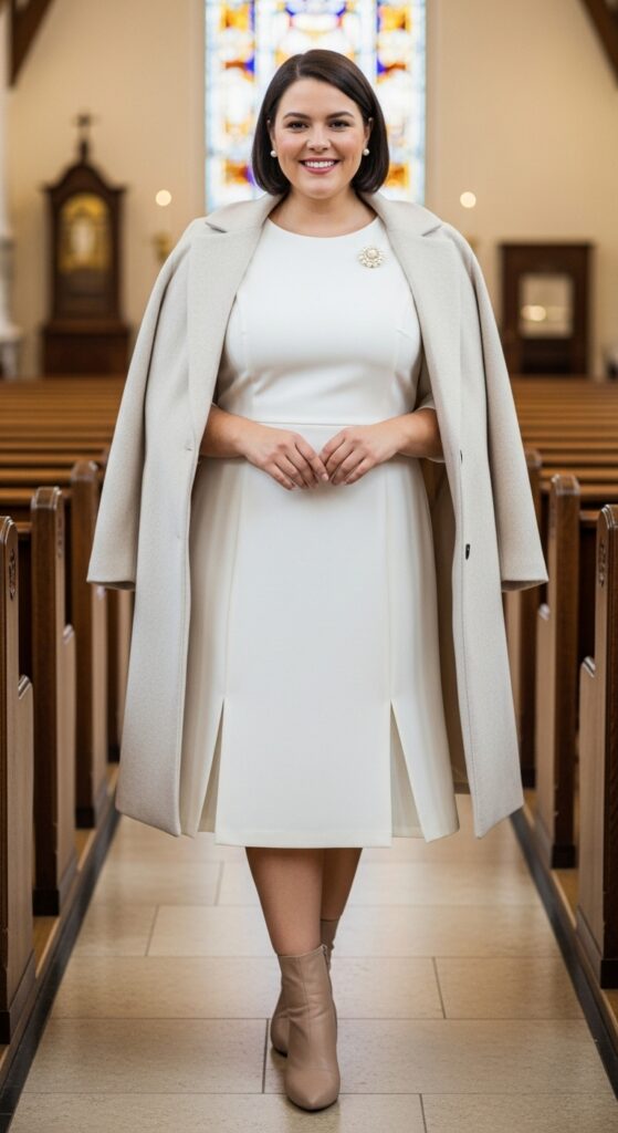 12 Plus Size Tailored Winter Church Outfits with Chic Season Style 3 Ivory Tailored Dress and Coat for Sunday Service