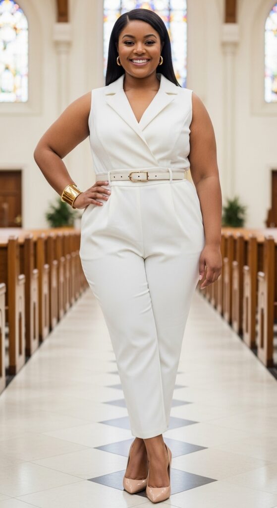 12 Plus Size Tailored Winter Church Outfits with Chic Season Style 12 Ivory Tailored Jumpsuit and Heels for Special Services