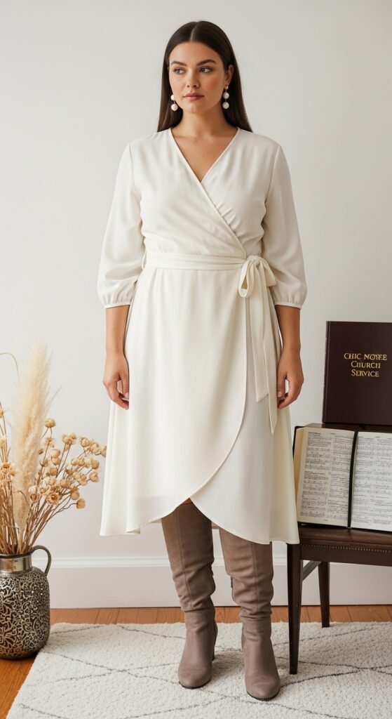 12 Plus Size Tailored Winter Church Outfits with Chic Season Style 6 Ivory Wrap Dress and Boots for Morning Service
