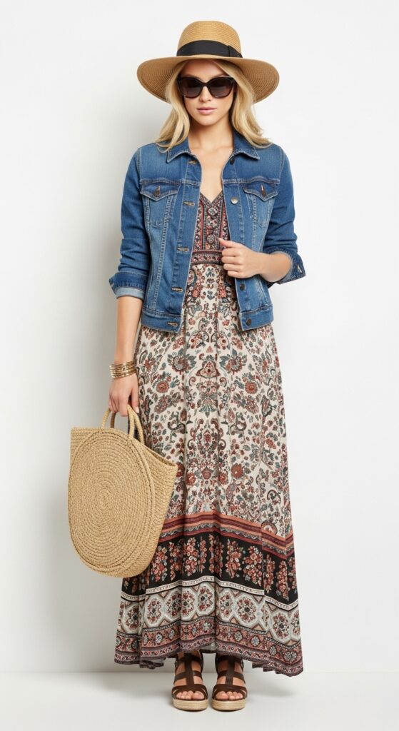 18 Chic and Fresh Jean Jacket Outfits to Elevate Your Wardrobe 8 Jean Jacket Over a Maxi Dress