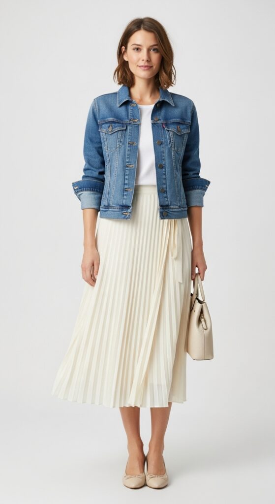 18 Chic and Fresh Jean Jacket Outfits to Elevate Your Wardrobe 15 Jean Jacket Over a Midi Skirt