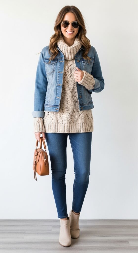 18 Chic and Fresh Jean Jacket Outfits to Elevate Your Wardrobe 9 Jean Jacket with a Chunky Knit Sweater