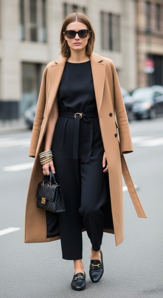 23 Stylish Loafer Outfits for Effortless Elegance 15 Jumpsuit and Long Coat