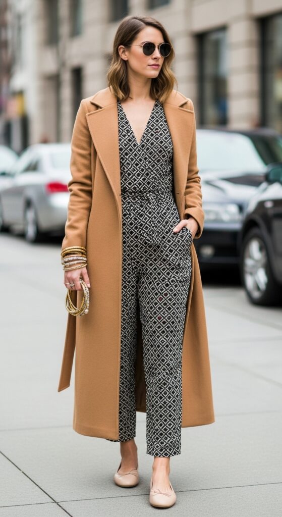 21 Feminine Ballet Flat Outfits for Classic and Modern Looks 15 Jumpsuit and Long Coat